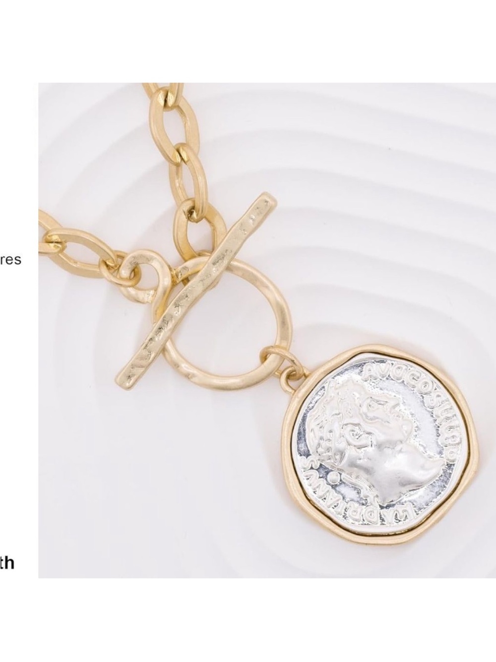NEW 14k Gold Plated Vintage Matte Color Thick Link Chain Coin Pendant Necklace - Picture 4 of 4